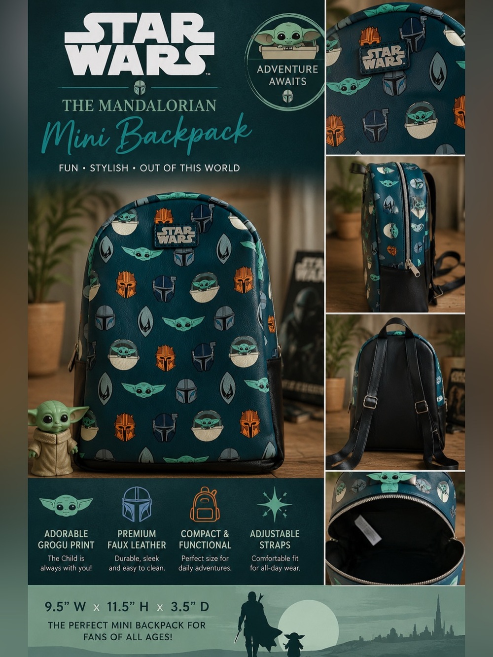 Funko Star Wars The Mandalorian Grogu Mini Backpack Teal Black Adjustable Straps